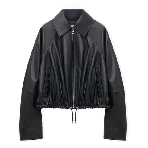 523 Hot Sale Trends Hip Hop Leather Coat Simple Design Zipper Style Female Sheepskin Leather Jacket with Drawstring Hem