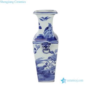 <span class=keywords><strong>Vaso</strong></span> Quadrato in Porcellana Bianca e Blu Kangxi Dipinto a Mano Tradizionale di Jingdezhen RZSC19-B con Manici a <span class=keywords><strong>Testa</strong></span> di Bestia, Cotto ad Alta Temperatura - Product Image 3