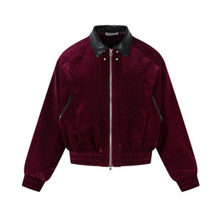 Custom <b>Men's</b> Burgundy <b>Velvet</b> <b>Jacket</b> With Black Leather Collar Luxury Warm Winter Zip-Up Oversized Streetwear Varsity <b>Jacket</b> - Product Image 1