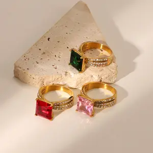 钛钢戒指18k镀金不锈钢方形红色绿色粉色锆石戒指