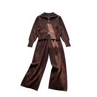 Ensemble Twinset Hiver Coréen Respirant Col Montant Zippé Cardigan et Pantalon Large Vintage – Design Manches Lanterne Chaudes
