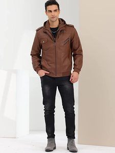 Vintage Motorcycle <b>Men's</b> Customize Faux Leather <b>Jacket</b> Winter Biker Cafe Racer <b>Jacket</b> with Fleece Removable Hood Wholesaler OEM - Product Image 3