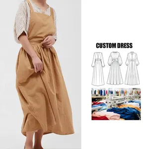 clothing manufacturer Custom wholesale 2024 simple style cotton linen apron wholesale Flower Apron Shop Work Women Casual Dress