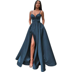 Satin Prom Evening Gown A-Line Sweetheart Neckline Strappy Slit Pockets Long Formal Dress For Party Wedding - Product Image 1