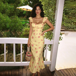 Yellow Floral Mermaid Maxi Dress for Women, Elegant Ruffle Strap Square Neck Summer Dress, For Casual Party Beach - Product Image 4