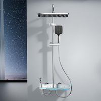 Ensemble de douche 4 fonctions en aluminium spatial électroplaqué avec commande par bouton, lumière d'ambiance, douchette fixe et douchette à main pour salle de bain