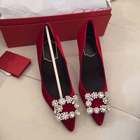 Escarpins en velours à bout pointu et talon aiguille pour femme, grandes tailles 33-43, avec boucle carrée en strass, pour mariage et soirée