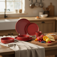 Service de table classique de luxe en céramique simple, 4 pièces, en grès émaillé rouge, résistant à la chaleur, compatible lave-vaisselle, four et micro-ondes