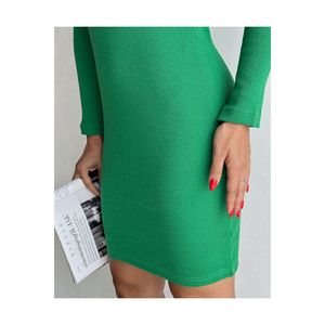 Vestido de punto acanalado verde para mujer, manga larga, cuello alto, midi, elástico, ajustado, cintura natural, transpirable, tipo suéter - Product Image 3