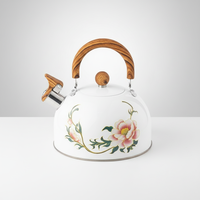 Nouvelle Bouilloire Siffleuse Transfrontalière à Motif Floral, Style Minimaliste Moderne et Délicat, Luxe Léger, avec Poignée en Bois et Couvercle