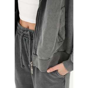 Pantalon à jambes larges pour femmes, taille élastique, tissu éponge anthracite, bords effilochés, 32066PNT - Product Image 1