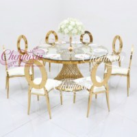 Mobilier d'Hôtel de Luxe Personnalisé Rond Or Centre de Table en Verre pour Salle de Mariage, Tables et Chaises de Fête en Acier Inoxydable pour Événements