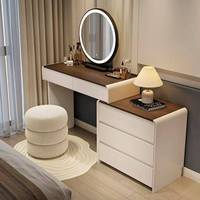 Coiffeuse italienne avec miroir rond éclairé, panneau en bois, tiroir de chevet intégré et armoire pour petits appartements
