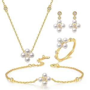 RST新款女性可爱简约银色925花朵造型天然淡水珍珠珠宝套装V073