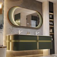 Meuble-lavabo de salle de bain mural de luxe, design moderne et personnalisé, vert, avec double tiroirs, éclairage LED et vasque intégrée en dalle.