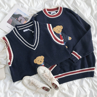 Suéter de punto con bordado de oso lindo estilo universitario OEM, jersey holgado de cuello redondo y manga larga para estudiantes.