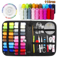 113 pièces Kit d'outils de couture domestique ensemble combinaison avec perles aiguilles bobines enfileur Crochet crochet ciseaux épingles ruban