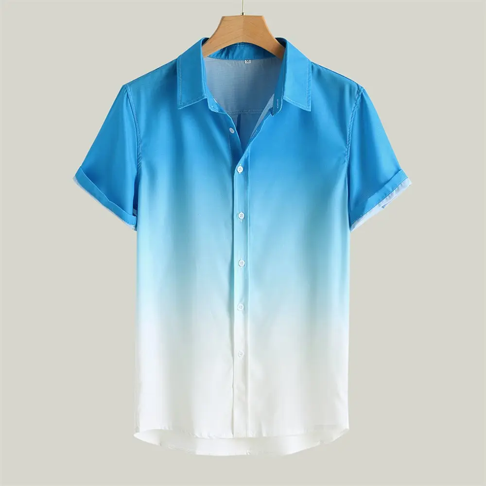 Summer Mens Shirts Hawaiian Gradient Linen Casual Short Sleeve Blouse For Men Turn-down Collar Hip Hop Male Shirts