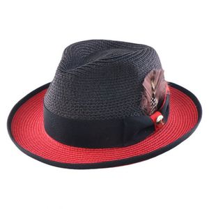 Chapeaux Fedora en paille de papier bicolores noir et rouge avec plume, collection été 2025 - Product Image 2