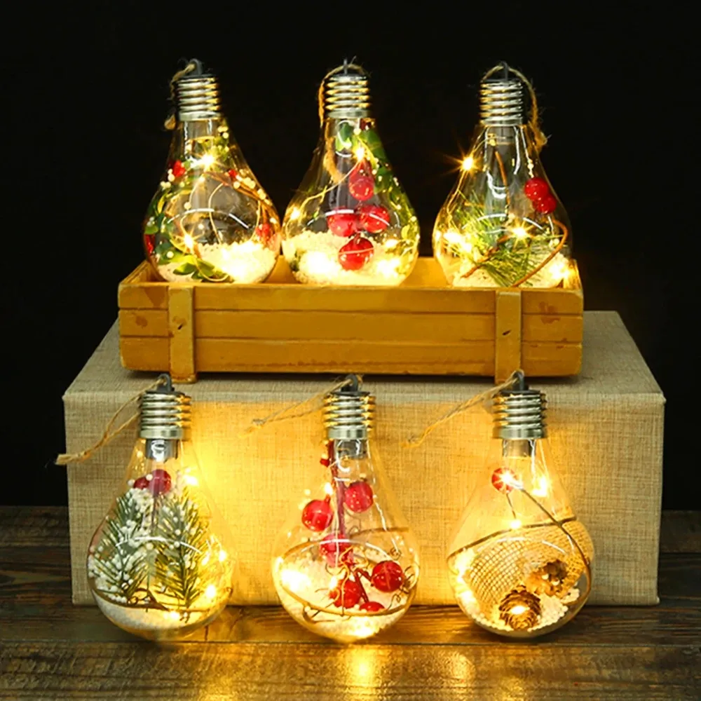 Ampoules Led de noël, ornement boule transparente, houx, boules de noël, décoration d'arbre claire, artisanat pour les vacances