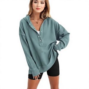 Womens Waffle Knit V Neck Button Up Hooded Sweatshirt Casual Loose Long Sleeve <b>Henley</b> Pullover <b>Tops</b> - Product Image 4