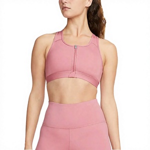 Soutien-gorge de sport ROLEIN grande taille respirant rose à col halter en U avec dentelle et fermeture éclair sur le devant, maintien élevé et compression, idéal pour le yoga et l'entraînement, ajustement sans coutures - Product Image 1