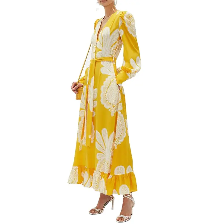 Custom unbranded clothing linen maxi dress ladies yellow floral puff sleeve deep v beach vacation maxi dress summer casual dress
