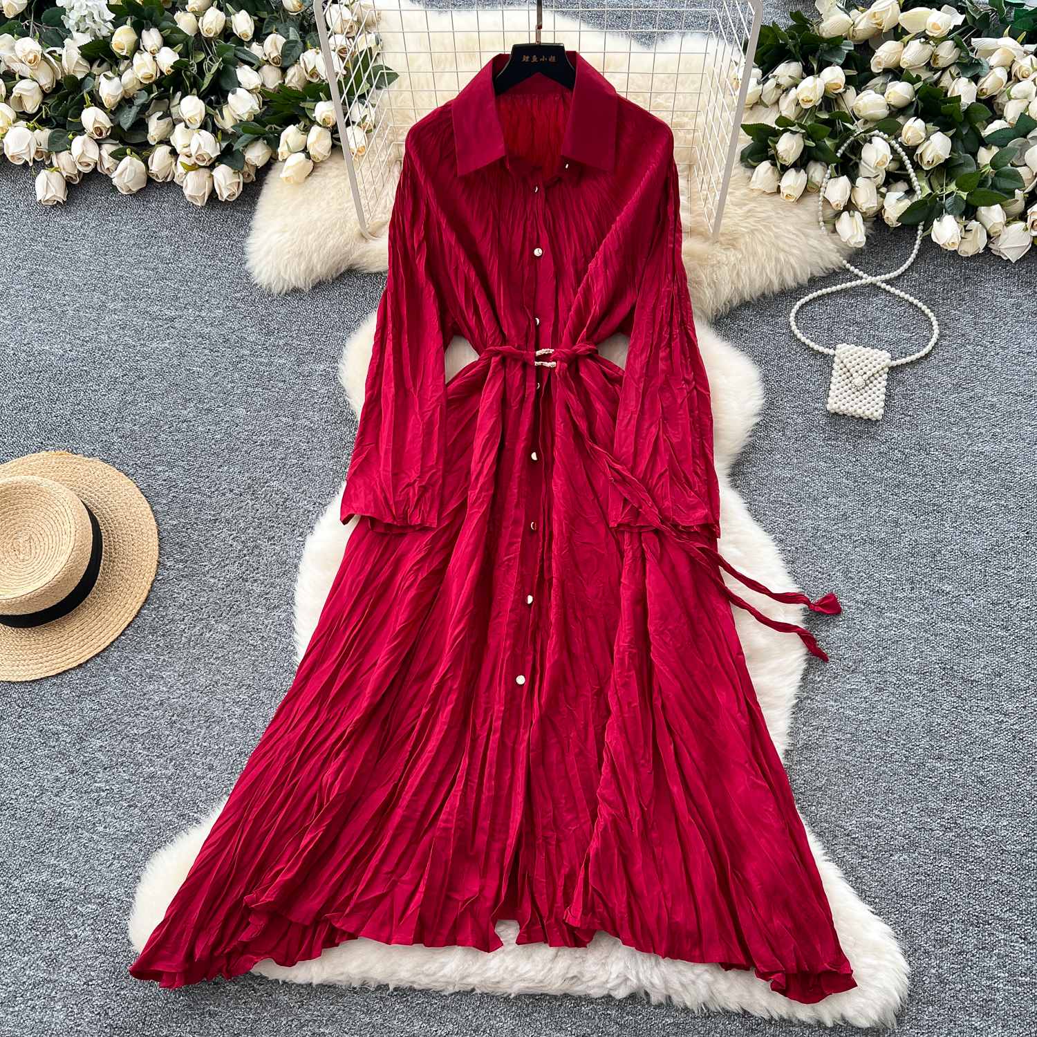 Dresses for Ladies Long Sleeve Polo Collar Dress With Pleats Tie Belt  Single Row Buttons for Women Casual Dresses| Alibaba.com