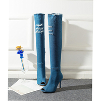 Bottes à talons hauts au-dessus du genou en jean bleu, personnalisables, à bout ouvert, style mode, support OEM/ODM