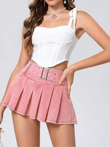 Estate donna nuova moda elegante vita alta rosa Denim Mini <span class=keywords><strong>gonna</strong></span> plissettata cintura vita Design plissettato per Casual Sexy lavato - Product Image 6