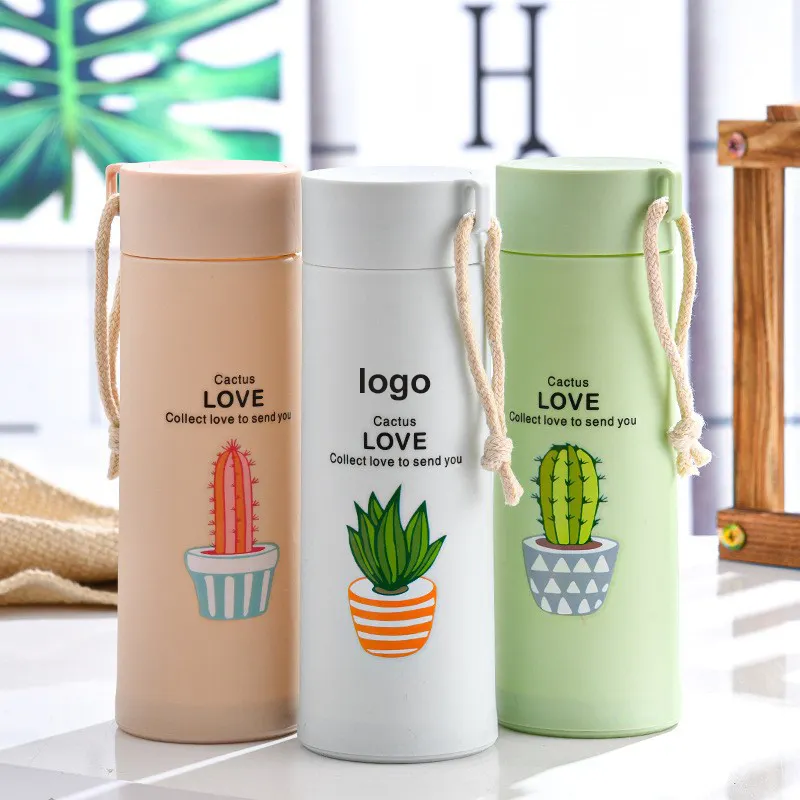 Amazon 2022 Custom Logo Portable Cartoon Succulent Plant double layer Glass Tumbler Simple Insulation Gift Water Bottle for kid