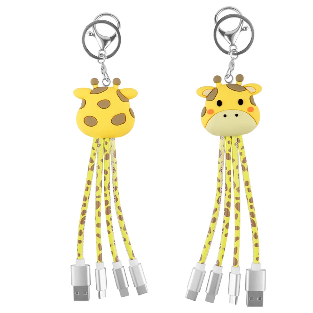 Creativity Cartoon Design Keychain Giraffe PU Leather Charger Wire USB 3 in 1 Charging Cable