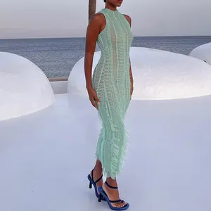 Kolsuz backless maxi püskül mavi örgü tığ elbiseler halter cover up yaz plaj seksi tığ elbise