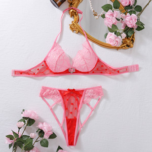 <b>Sexy</b> Underwear Perspective Mesh Wave Dot Splicing Lace Embroidery Color Contrasting Love Buckle Two Piece <b>Set</b> - Product Image 6