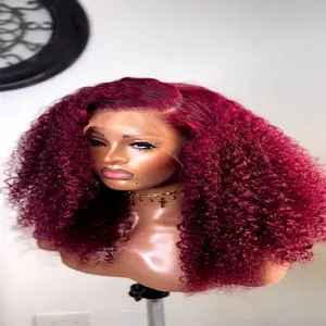 Cheap Kinky Curly 13X4 13X6 99J Burgundy Red Honey Blonde Color Full Lace Frontal Closure Wigs Human Hair Wig Double Drawn Remy