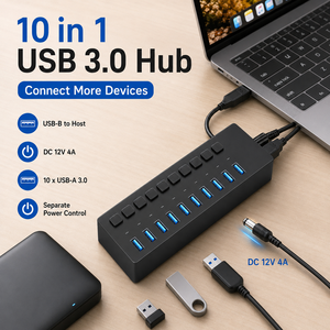 Hub <span class=keywords><strong>USB</strong></span> 3.0 a 10 Porte Alimentato con 10 Interruttori Individuali, Adattatore di Alimentazione 12V 4A, Custodia in ABS per PC - Disponibile - Product Image 1