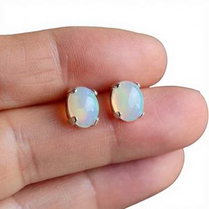 Boucles d'oreilles clous ovales en argent sterling avec opale éthiopienne Welo 9x7mm, bijoux en pierres précieuses, élégantes, pour femme, coffret cadeau, délicates, luxueuses, mignonnes - Product Image 1