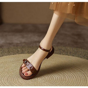 Summer New French Retro Brown Sandals for Women avec des talons bas et Rome Wear Flat Sandals - Product Image 2