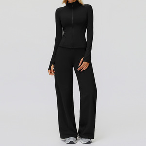 Set 2 buah potongan wanita, celana panjang menyala dan jaket olahraga Zip penuh Slim Fit atletik Gym Yoga jaket olahraga dengan lubang jempol - Product Image 2