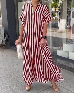 Nuevo Vestido <span class=keywords><strong>de</strong></span> Verano a Rayas con Cuello en V y Manga Corta para <span class=keywords><strong>Mujer</strong></span>, Vestido Largo Informal y Holgado para Vacaciones - Product Image 3