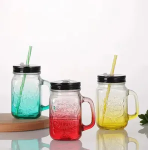 现货批发定制玻璃梅森罐子，带稻草盖480毫升空彩色水果咖啡饮料手柄玻璃杯