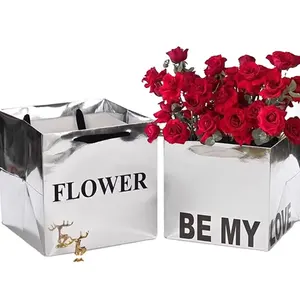 Bolsa de papel con espejo, ramo de flores inglés, bolsa de regalo, bolsa de mano plateada impermeable para arreglos florales