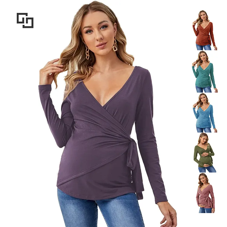 Camiseta de algodón con cuello redondo para mujer, Top de maternidad elegante con lazo lateral para embarazada