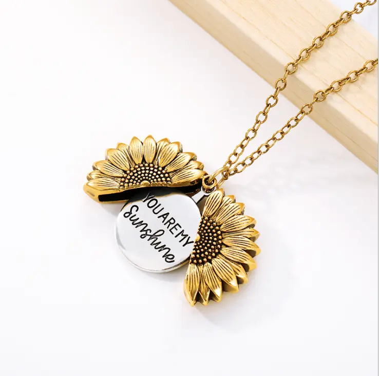 Customized Antique Gold Silver Jewelry Engraved You Are My Sunshine Open Locket Sunflower Pendant Necklace