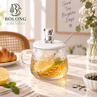 Tasse en verre texturé personnalisable avec couvercle et cuillère, bouton ours mignon, 13 cm, martelé, pour thé, café, boissons chaudes, cadeau, Bolong