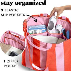 Bolsa de Playa Extra Grande de Lona de Algodón a Rayas con Cierre, Portátil, para Mujer, con Bolsillos, para Viaje - Product Image 4