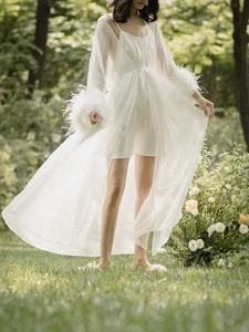 Vestido de novia de plumas de avestruz para mujer, conjunto de tul transparente, largo, Sexy, de satén, de crepé, elegante, con plumas - Product Image 4