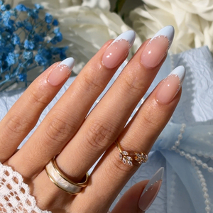 Faux Ongles de Mariage BTArtbox Moyens Amande en Gel Souple, Diamant 3D, Perle Bleue, French Manucure, Faits Main, à Presser, Vente en Gros - Product Image 1