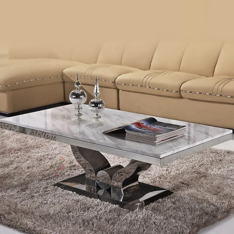 Mesa lateral clásica americana para sala de estar, encimera de mármol, mesas de extremo de acero inoxidable, mesa esquinera de diseño moderno