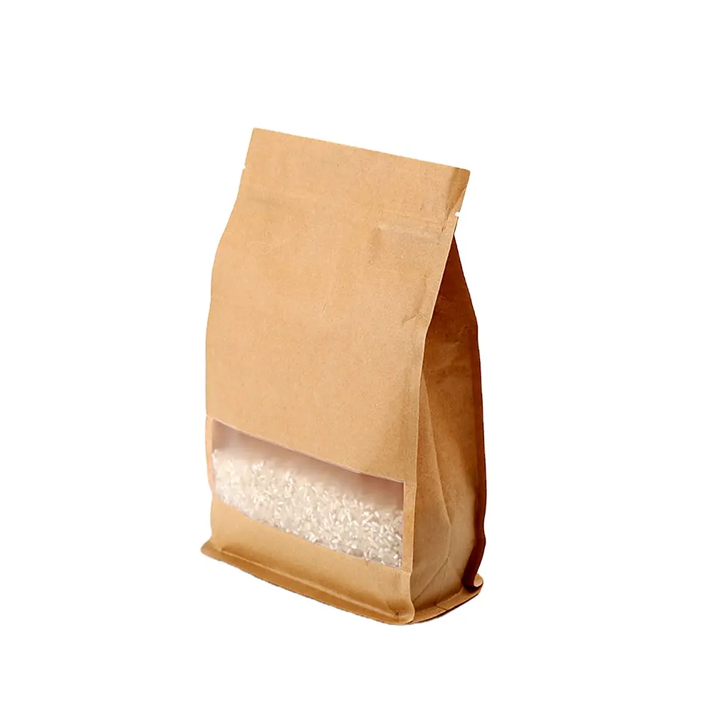 China Supplier Food Grade Ziplock Quad Bottom Pouches Brown Kraft Paper Bag in Stock for Wholesale